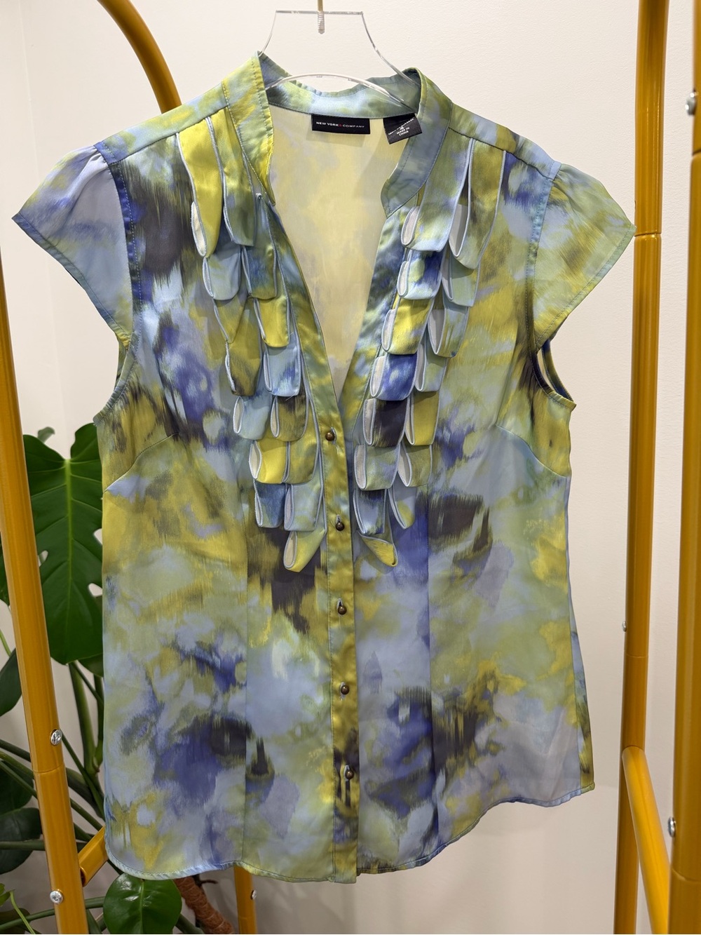New York & Company Sleeveless Ruffle-Front Blouse in Blue and Green Wash